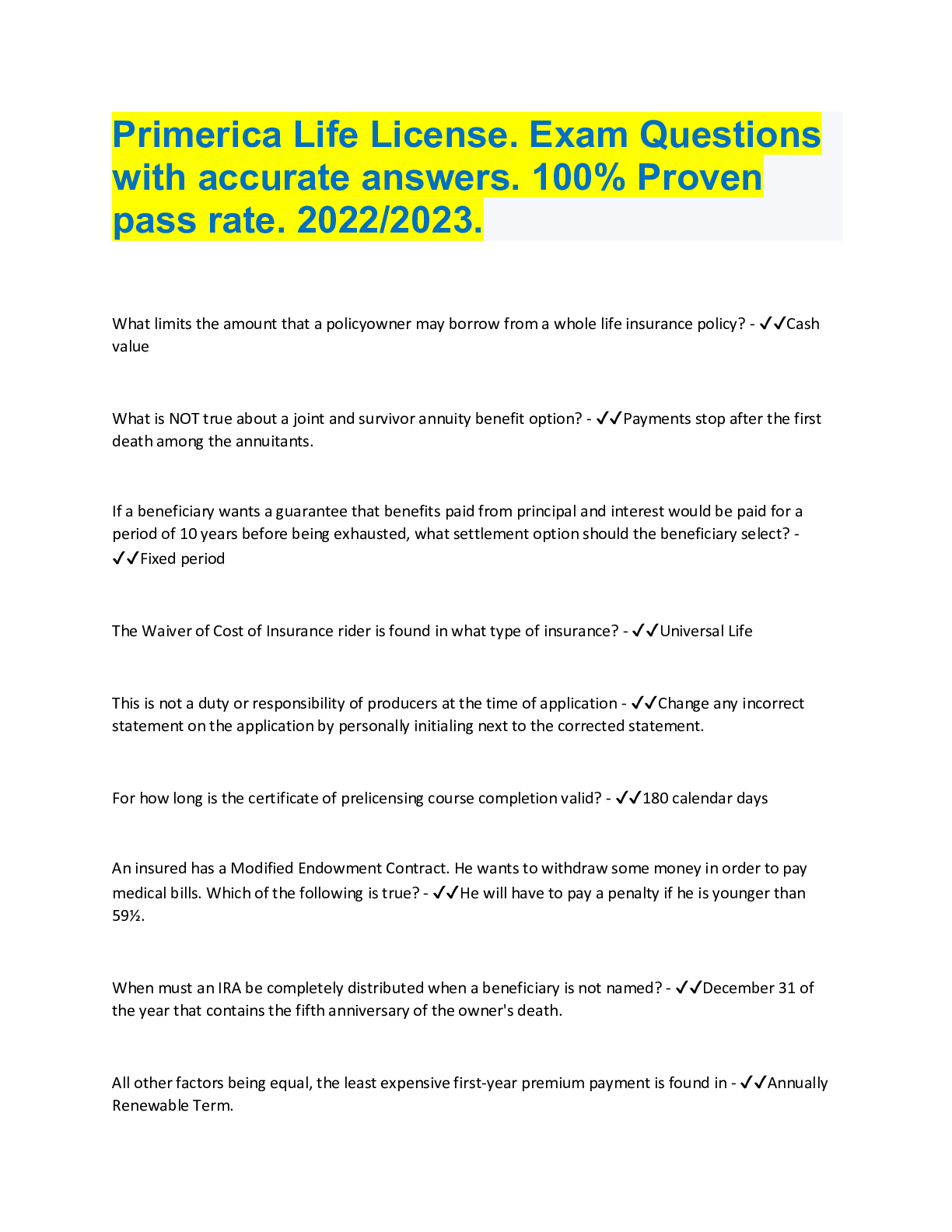 Preview of Primerica Life License. Exam Questions with accurate answers. 100% Proven pass rate. 2022/